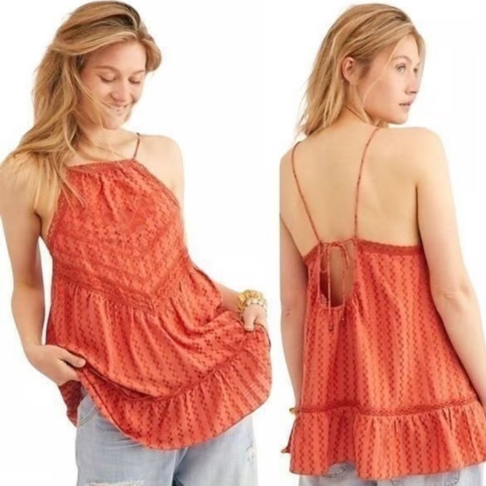 Free People Boho‎ Cottagecore Coral Orange Textured Tunic Blouse S P